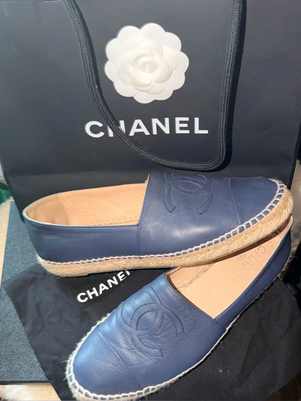 CHANEL Navy Blue Leather Espadrille Flats